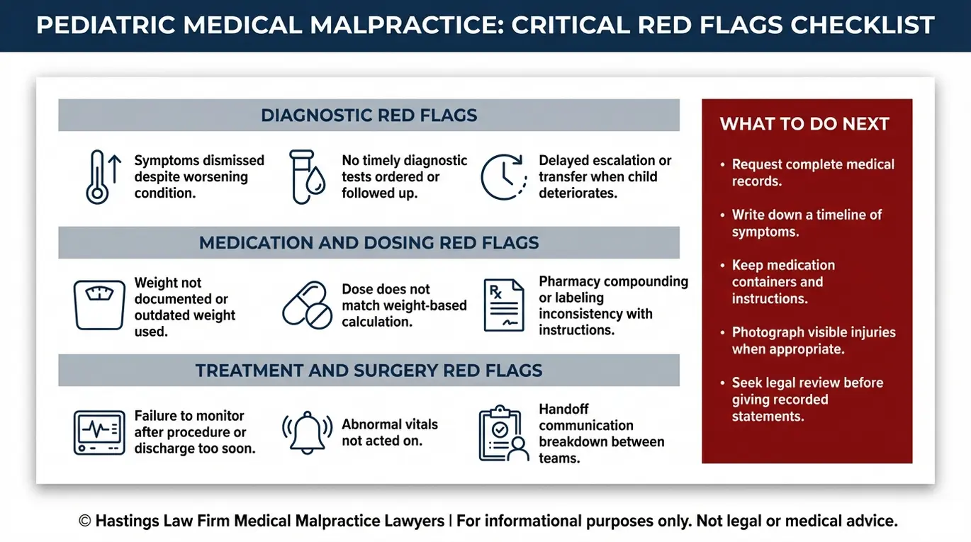 Warning checklist of pediatric malpractice red flags for an Arizona Pediatric Malpractice Lawyer focusing on misdiagnosis delayed diagnosis weight based medication errors and treatment monitoring failures.