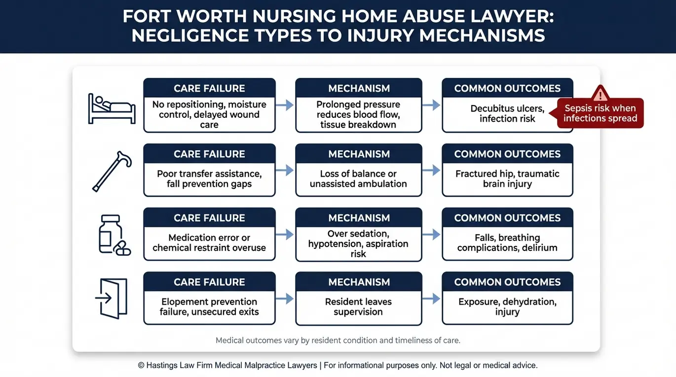 Clinical concept diagram showing how nursing home care failures lead to bedsores sepsis falls fractures medication oversedation and elopement cases evaluated by a Fort Worth Nursing Home Abuse Lawyer.