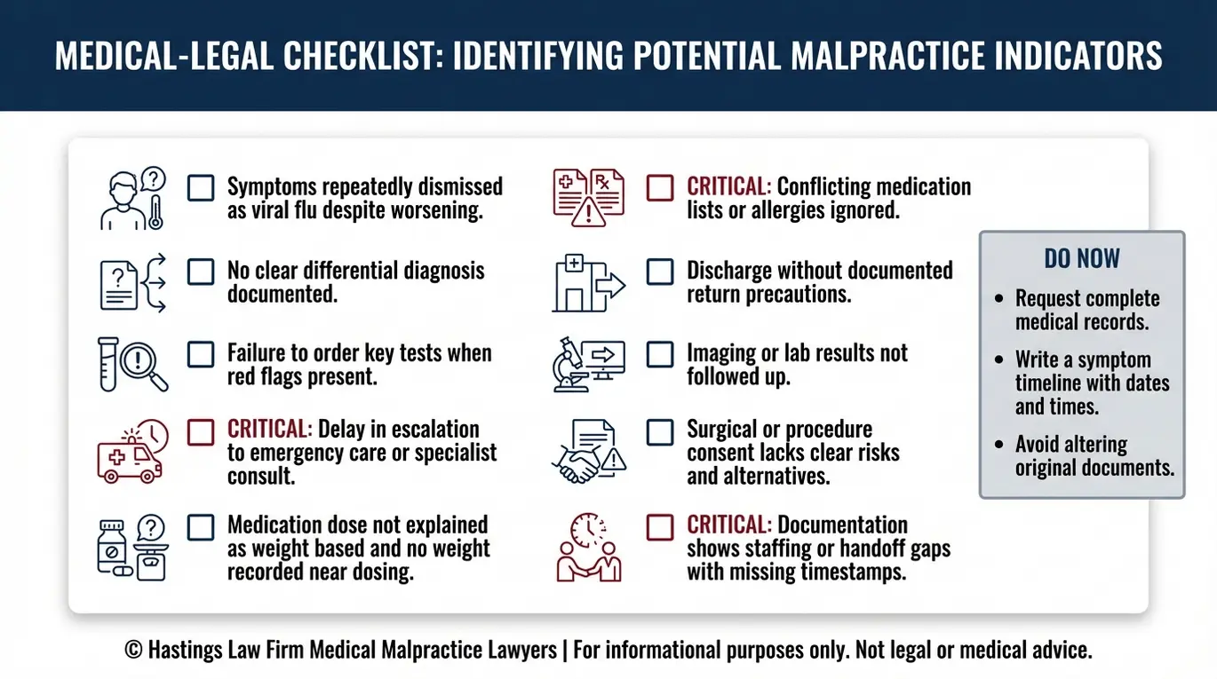 Lista de verificación de señales de alerta de negligencia médica pediátrica que utiliza un abogado especializado en negligencia médica pediátrica de Texas para evaluar los casos de diagnóstico erróneo, errores de medicación, retrasos en el tratamiento y deficiencias en la documentación.