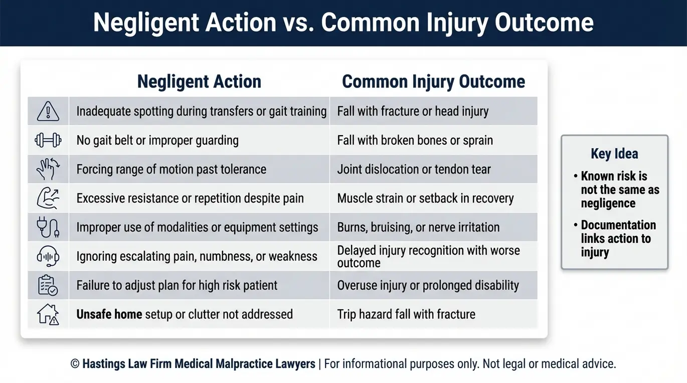 Tabla comparativa para búsquedas de abogados especializados en negligencia profesional de fisioterapeutas en Arizona, en la que se muestran casos de negligencia en la fisioterapia junto con lesiones frecuentes como caídas, fracturas, luxaciones y daños nerviosos.
