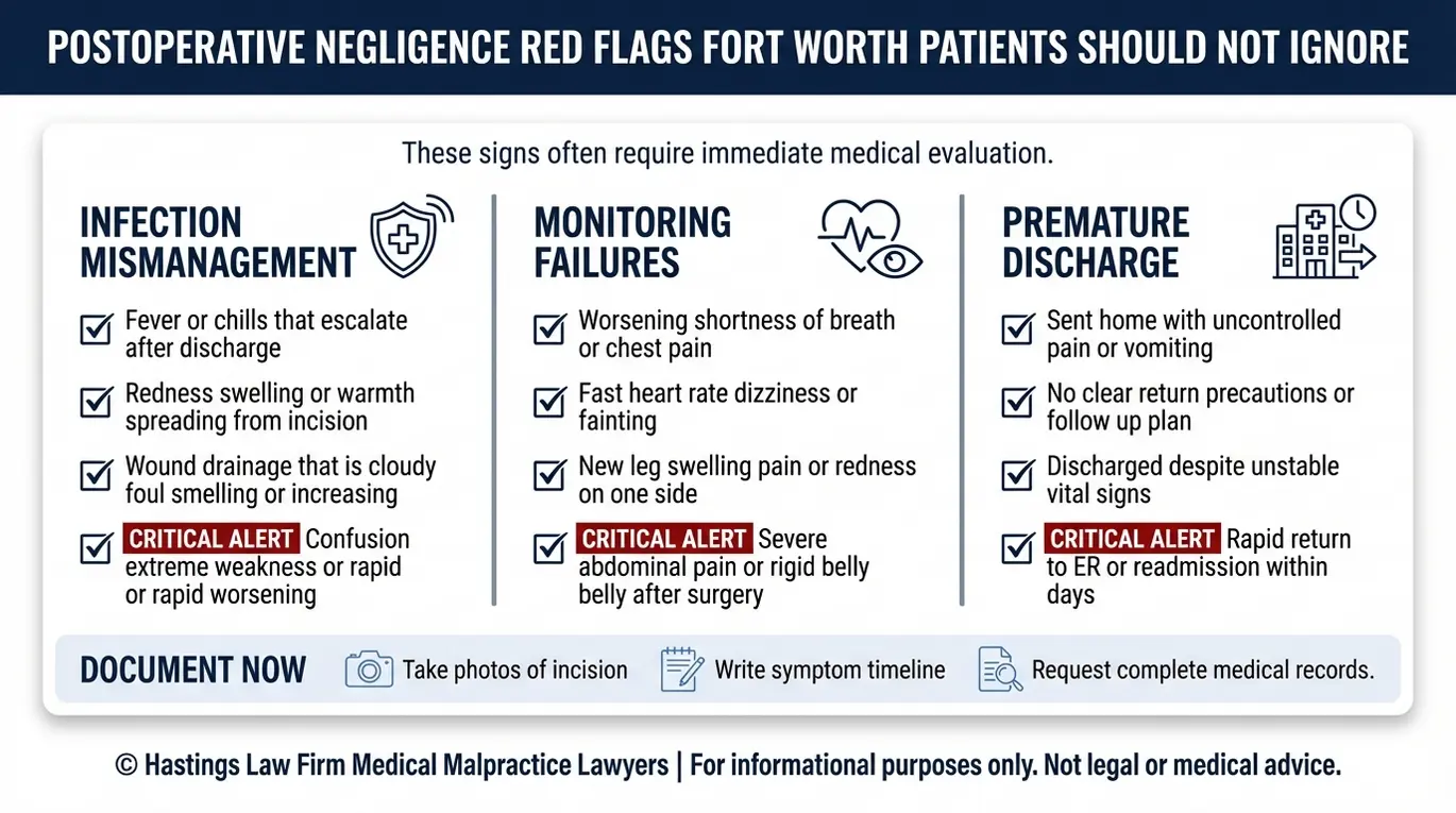 Checklist of postoperative negligence red flags and documentation steps for people seeking a Fort Worth Postoperative Malpractice Lawyer.