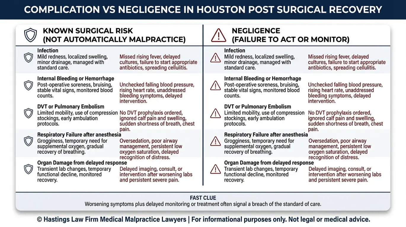 Tabla comparativa que distingue entre los riesgos quirúrgicos conocidos y la negligencia susceptible de ser objeto de acciones legales en un caso de negligencia médica posoperatoria en Houston, en la que se muestran indicadores de infección, hemorragia interna, trombosis venosa profunda (TVP) o embolia pulmonar, insuficiencia respiratoria y daño orgánico tardío.