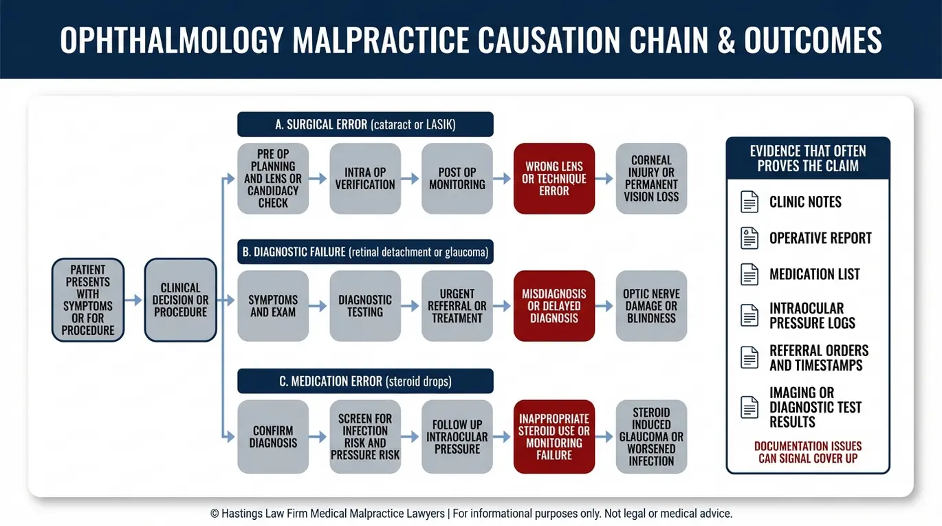 Diagrama de flujo que muestra cómo un error en la atención oftalmológica puede provocar lesiones y qué registros son importantes, diseñado para quienes buscan un abogado especializado en negligencia médica oftalmológica que siga el principio Texas.