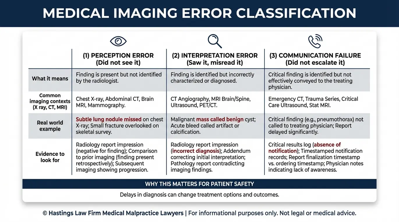 Comparison chart showing radiology errors that an Arizona Radiologist Malpractice Lawyer evaluates including perception errors interpretation errors and communication failures with examples and key medical record evidence.
