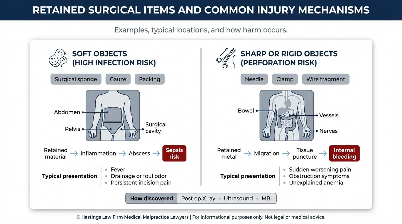 Clinical diagram showing common retained surgical items and how they cause infection migration organ damage or internal bleeding for a Fort Worth Retained Medical Objects Lawyer topic.