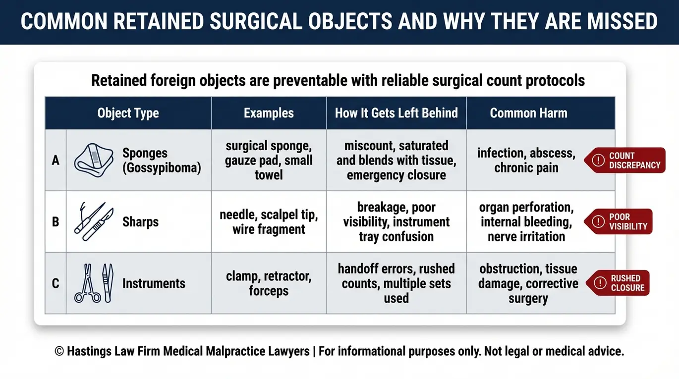 Cuadro comparativo que muestra los objetos extraños retenidos comunes después de la cirugía y los daños relacionados para un tema de Austin Retained Medical Objects Lawyer.