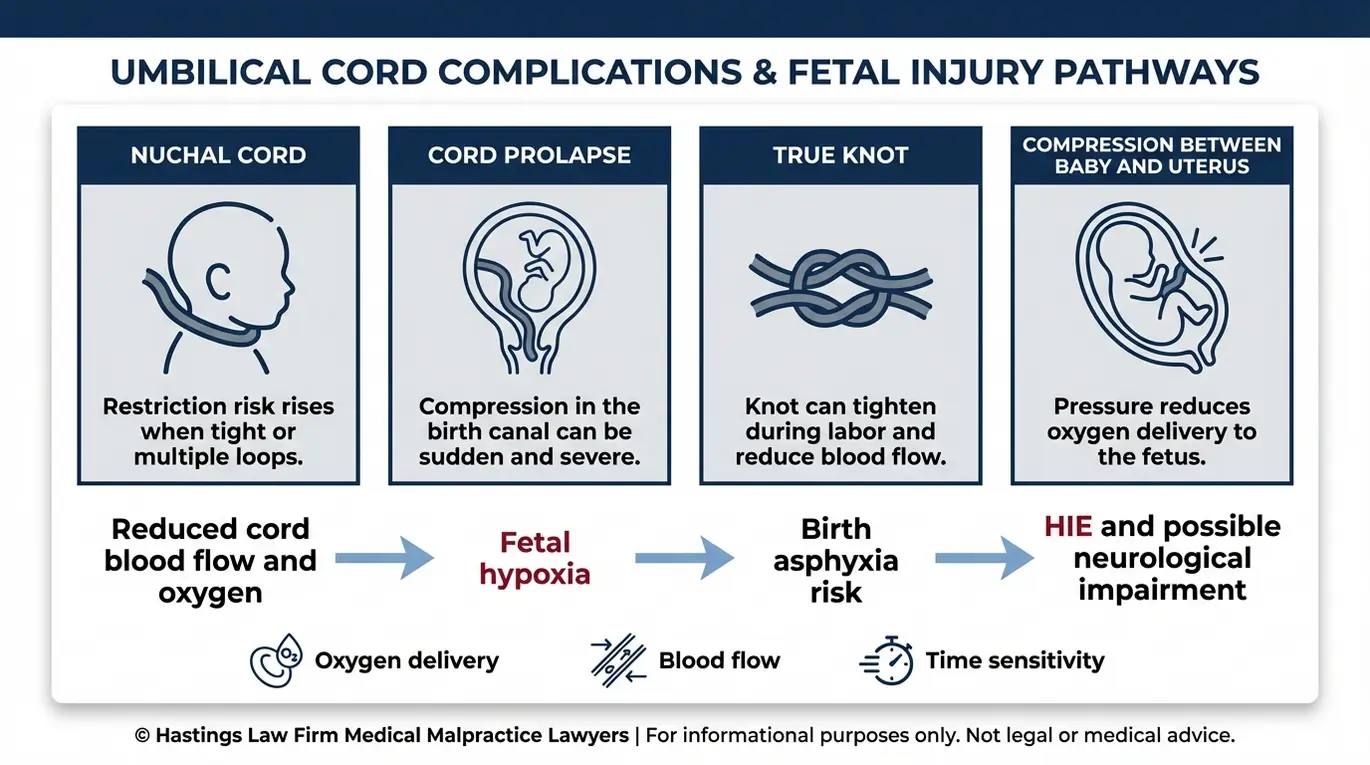 Clinical diagram explaining umbilical cord entrapment mechanisms including nuchal cord prolapse and true knot and how they can lead to fetal hypoxia birth asphyxia and HIE for an Arizona Umbilical Cord Entrapment Lawyer topic.