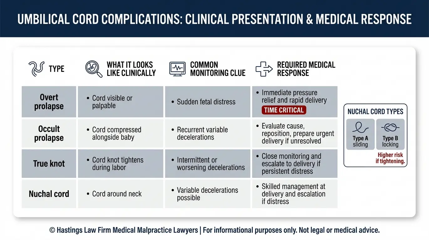 Comparison chart of overt and occult umbilical cord prolapse, true knot, and nuchal cord with monitoring clues and required responses relevant to an Arizona Umbilical Cord Prolapse Negligence Lawyer evaluation.