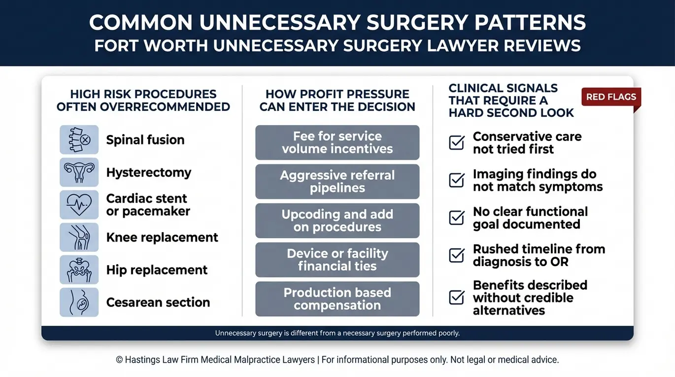 Infographic showing common unnecessary surgery procedures profit motive drivers and clinical red flags that a Fort Worth Unnecessary Surgery Lawyer evaluates.