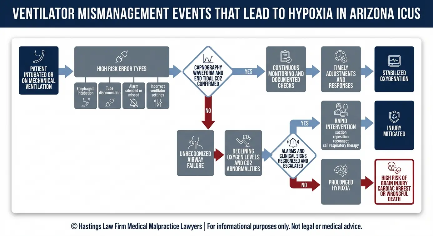Process flowchart showing how common ventilator errors progress to hypoxia and severe outcomes for an Arizona Ventilator Mismanagement Lawyer case including tube disconnection alarm fatigue and missing end tidal CO2 confirmation.