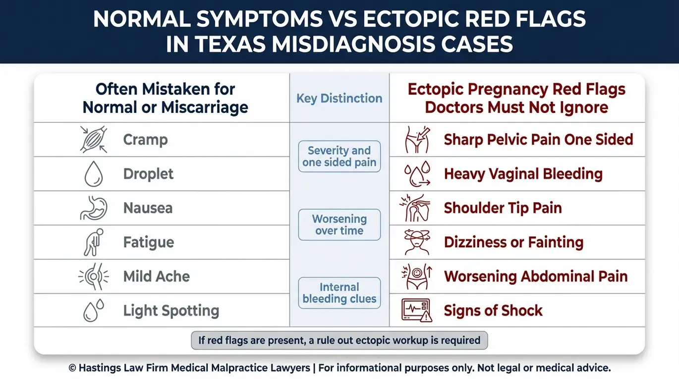 Comparison chart of normal early pregnancy symptoms versus ectopic pregnancy red flags often cited in Texas ectopic pregnancy misdiagnosis lawyer cases.