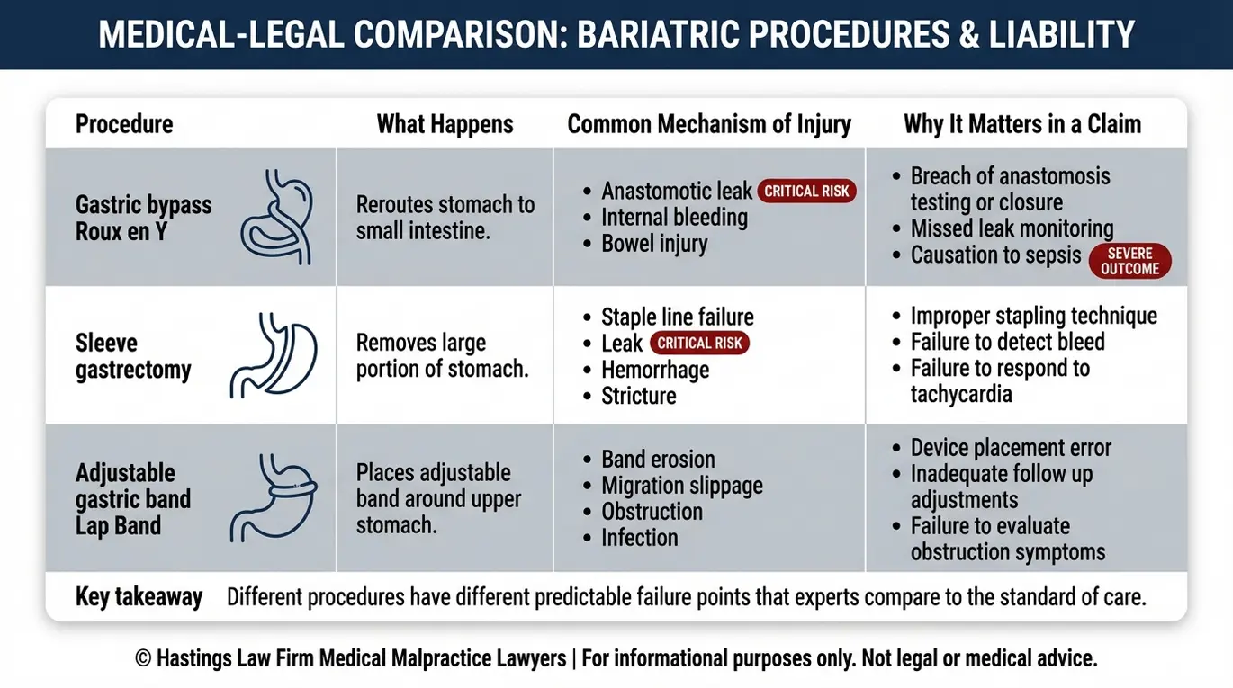 Tabla comparativa que resume los procedimientos quirúrgicos bariátricos más comunes y cómo cada uno de ellos puede dar lugar a demandas por negligencia profesional contra un abogado especializado en negligencia de cirujanos bariátricos Texas, incluyendo el mecanismo de la lesión y su relevancia jurídica.
