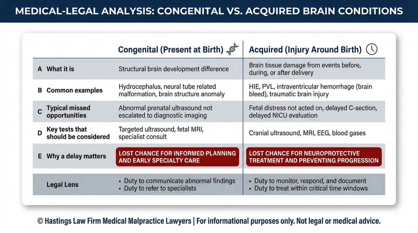 Comparison chart explaining congenital versus acquired conditions often evaluated by a Texas Infant Brain Anomaly Misdiagnosis Lawyer including examples missed opportunities key tests and why delays matter.