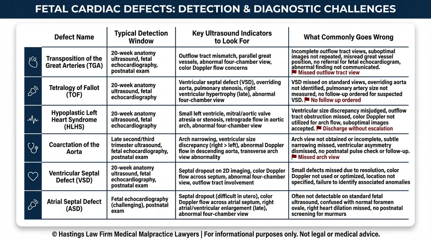 Comparison table for a Texas Infant Congenital Heart Disease Diagnosis Failure Lawyer showing commonly missed congenital heart defects with typical detection window key ultrasound indicators and frequent diagnostic errors.