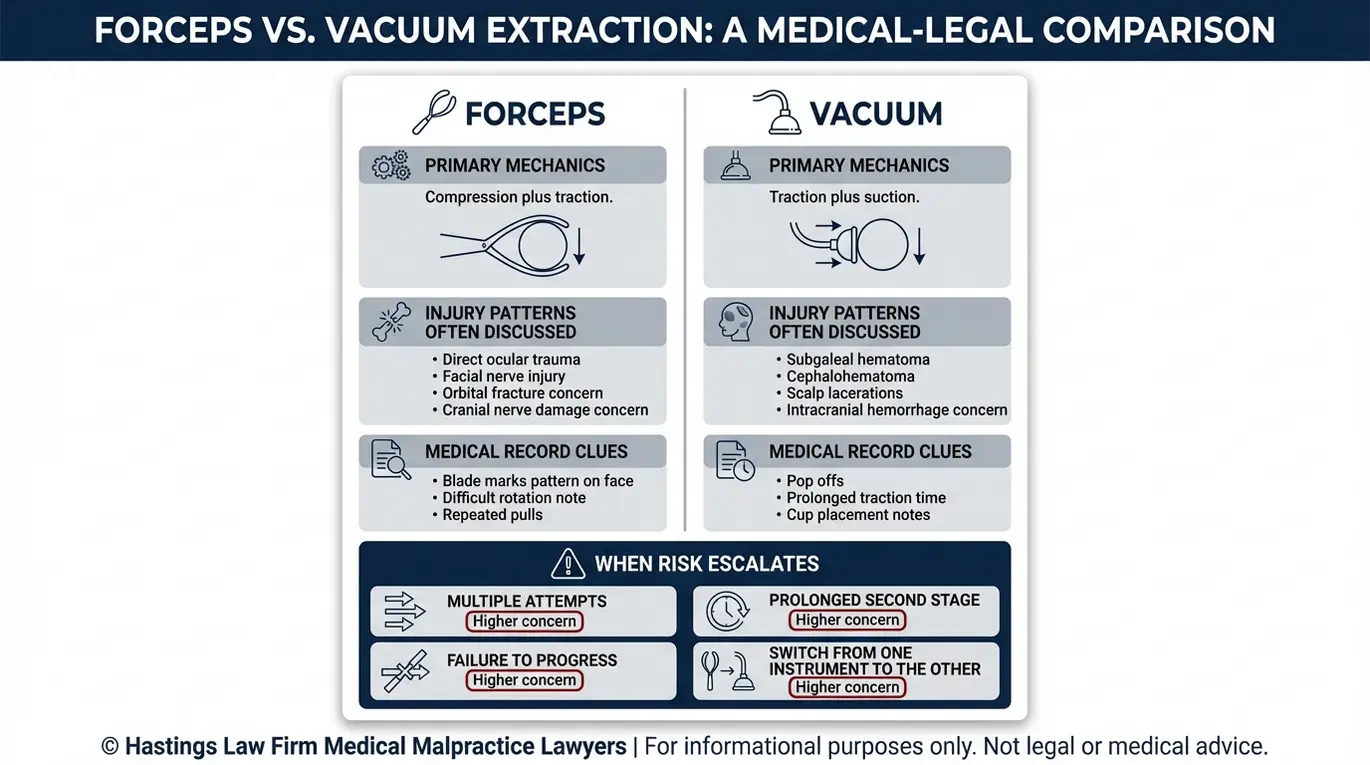 Comparison chart of forceps versus vacuum extraction risks and injury patterns used by an Arizona Forceps Eye Birth Injury Lawyer to explain infant eye trauma and related diagnoses.