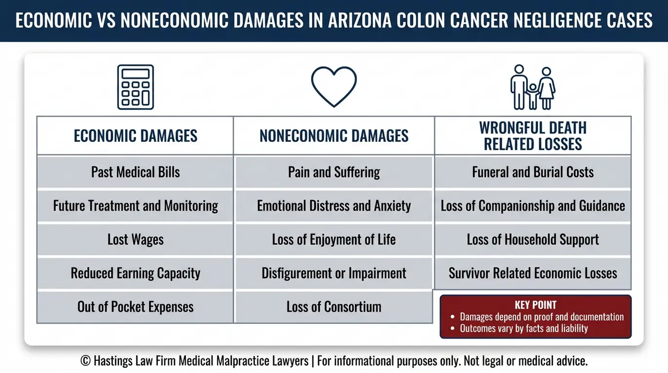 Tabla comparativa de los daños económicos frente a los no económicos y las pérdidas relacionadas con la muerte por negligencia que tiene en cuenta un abogado especializado en diagnósticos erróneos de cáncer de colon en Arizona en las demandas por negligencia en casos de cáncer colorrectal.