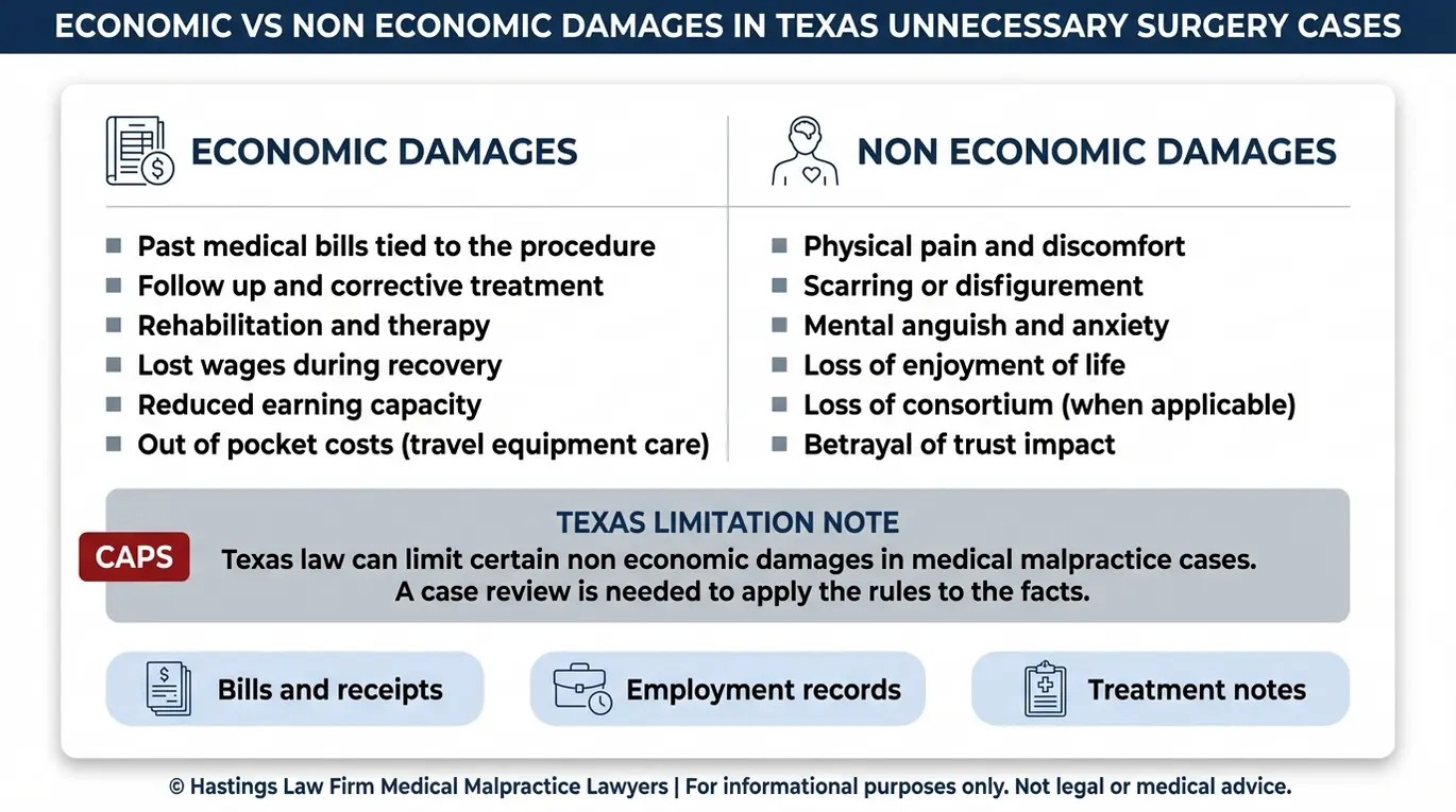 Comparison chart of economic and non economic damages in a Texas unnecessary surgery claim that a Fort Worth Unnecessary Surgery Lawyer may pursue.