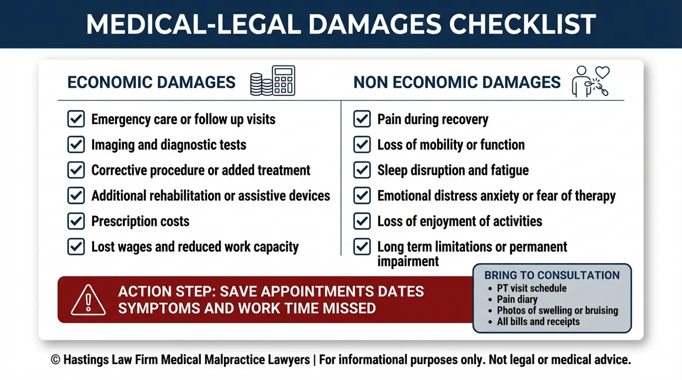 Lista de verificación para la búsqueda de un abogado especializado en negligencia profesional de fisioterapeutas en Arizona, que resume los daños económicos y no económicos derivados de la negligencia profesional en fisioterapia, incluyendo los gastos médicos, los salarios perdidos, el dolor y la pérdida de funcionalidad.