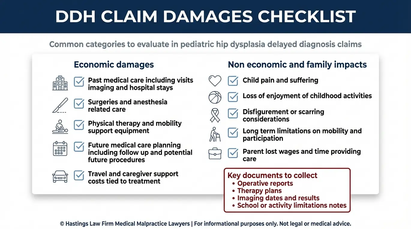 Lista de verificación con advertencias que detalla las categorías de daños y los documentos necesarios para una demanda ante un abogado especializado en casos de displasia de cadera no diagnosticada en Arizona, relacionada con un diagnóstico tardío de displasia del desarrollo de la cadera.