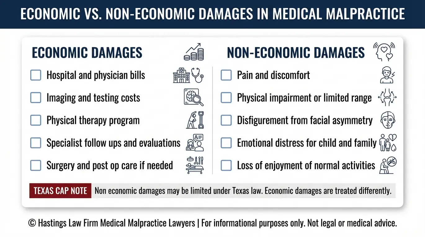 Lista de comprobación de los daños económicos y no económicos que un abogado especialista en tortícolis y cuello torcido Texas puede revisar en una demanda por lesiones de nacimiento por tortícolis o cuello torcido infantil.
