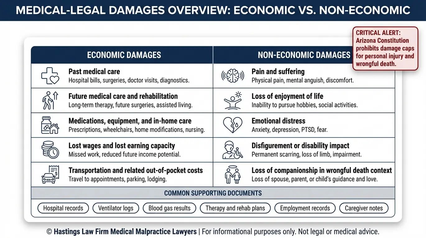 Comparison chart of economic versus non economic damages and supporting documents for an Arizona Respiratory Therapist Malpractice Lawyer case.