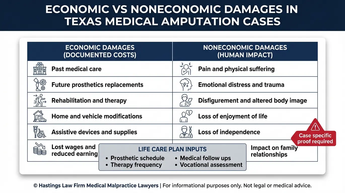 Cuadro comparativo de los daños económicos y no económicos que un abogado especializado en amputaciones médicas Texas puede reclamar después de que una negligencia médica provoque una amputación errónea o innecesaria, incluida la rehabilitación protésica, la pérdida de ingresos y la angustia emocional.
