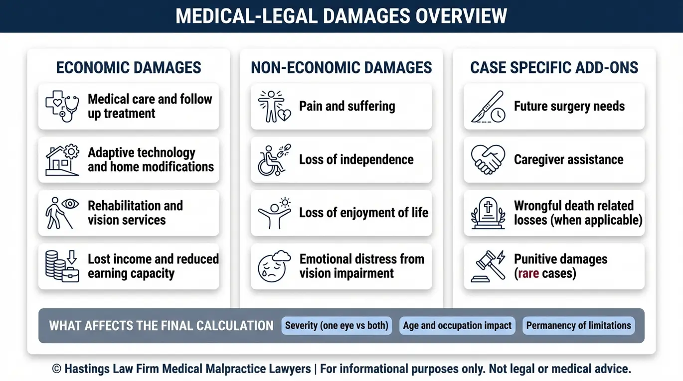 Infografía con información para un abogado especializado en negligencia médica oftalmológica de Arizona, en la que se resumen las categorías de indemnización por pérdida de la visión, incluyendo daños económicos, daños no económicos y complementos específicos de cada caso.