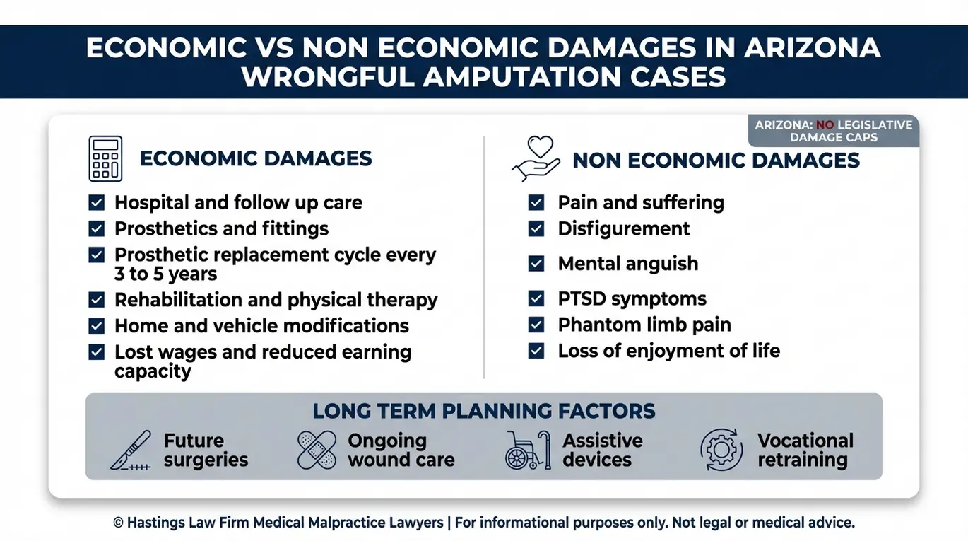 Gráfico de pantalla dividida que muestra las categorías de daños económicos y no económicos en una demanda por amputación indebida presentada ante un abogado especializado en amputaciones médicas de Arizona.