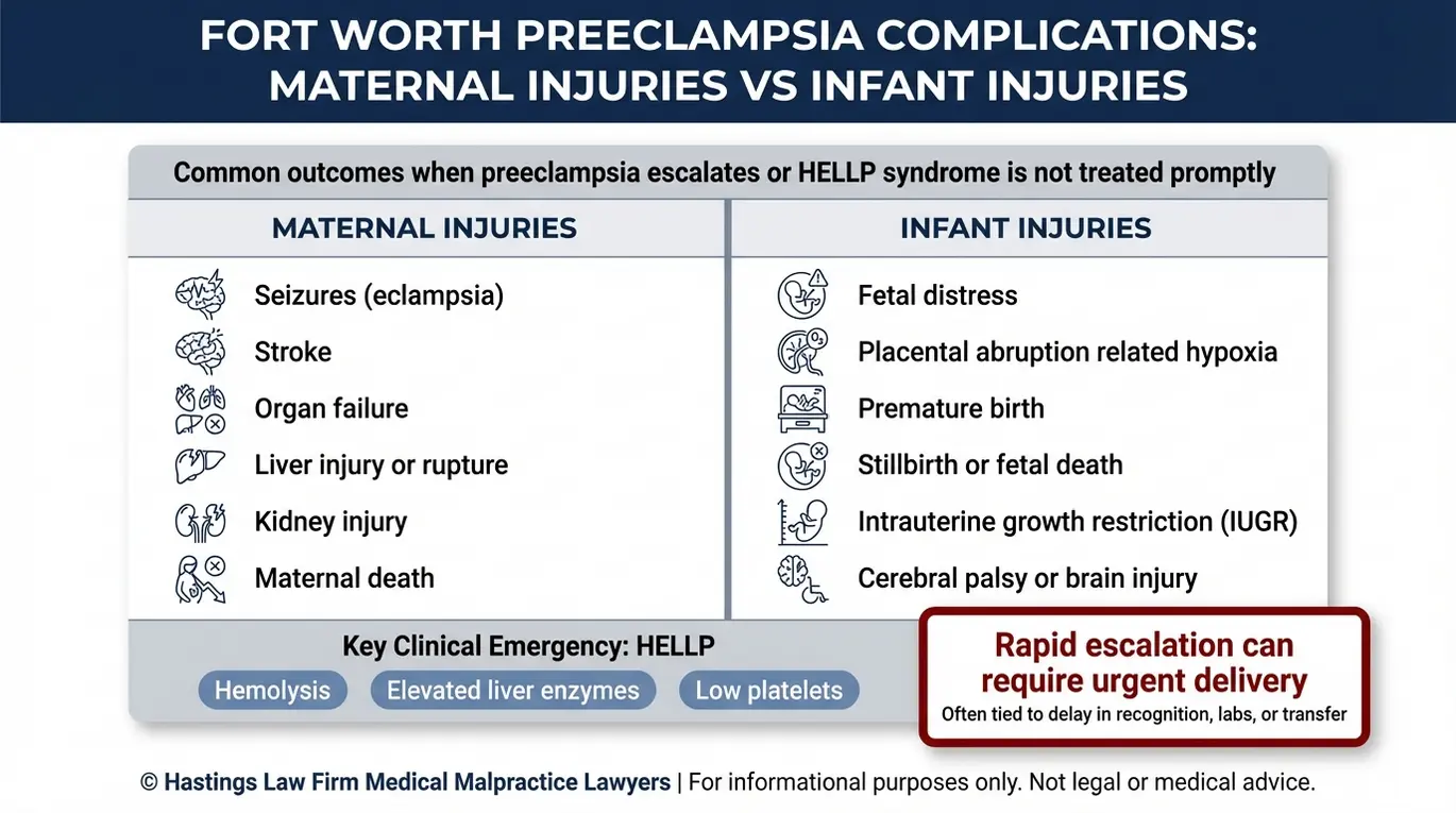 Comparison chart of maternal injuries versus infant injuries from untreated preeclampsia and HELLP syndrome for readers seeking a Fort Worth Eclampsia and Preeclampsia Lawyer.