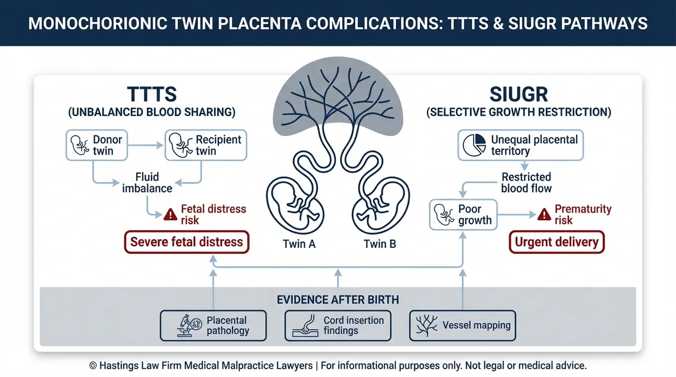 Clinical concept diagram explaining how discordant twin growth can progress to TTTS or selective intrauterine growth restriction with placental pathology evidence relevant to a Texas Discordant Twin Growth Negligence Lawyer claim.