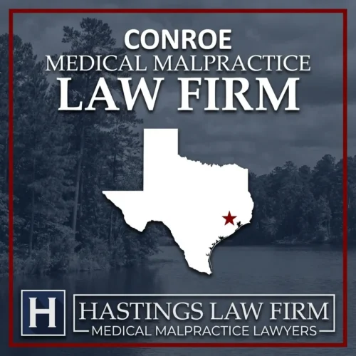 Los mejores abogados especializados en negligencia médica en Conroe Texas Una imagen panorámica de Conroe Texas. Una estrella roja señala el lugar donde los abogados locales especializados en negligencia médica han ayudado a pacientes lesionados. El logotipo de Hastings Law Firm aparece en la parte inferior.
