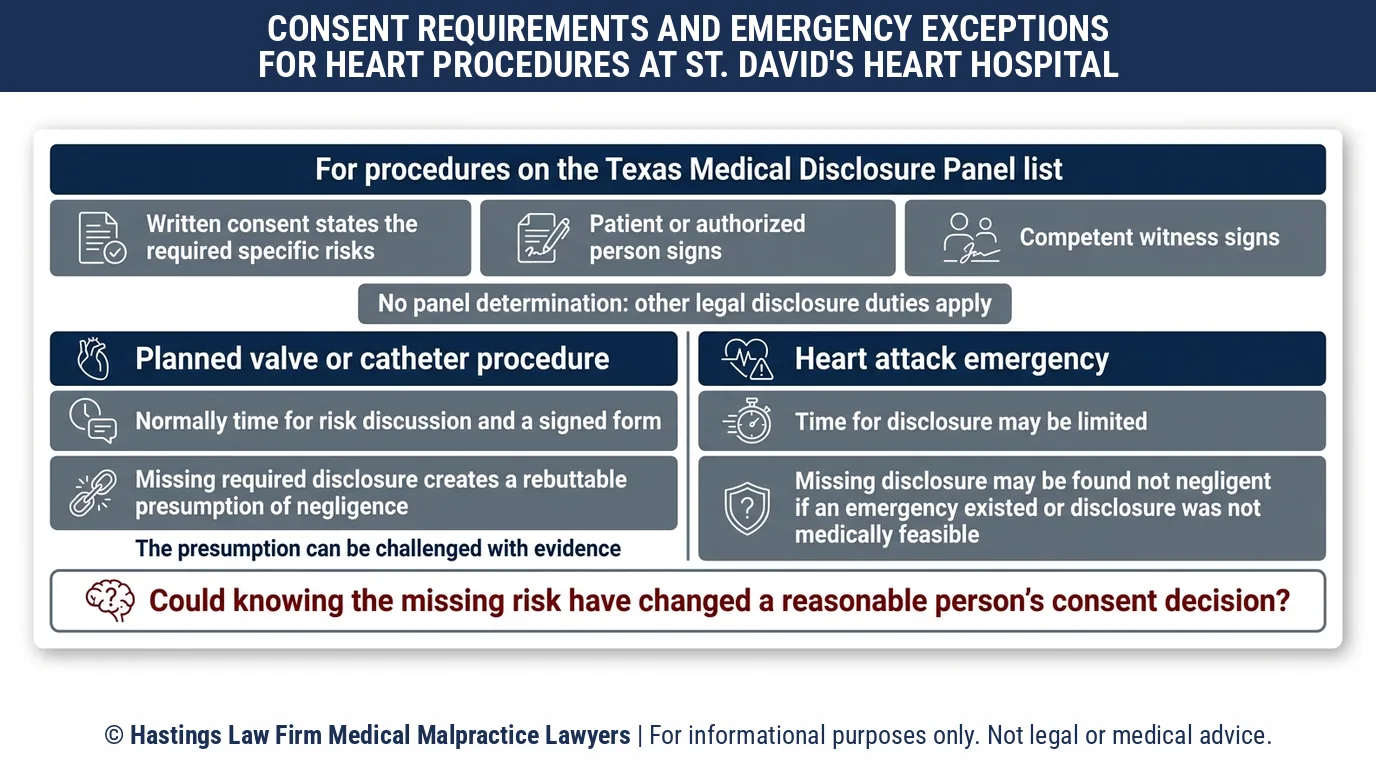 ¿Puede un abogado especializado en negligencia hospitalaria presentar una demanda por consentimiento informado si los riesgos de un procedimiento cardíaco no fueron explicados en el St. David's Heart Hospital of Austin?.
