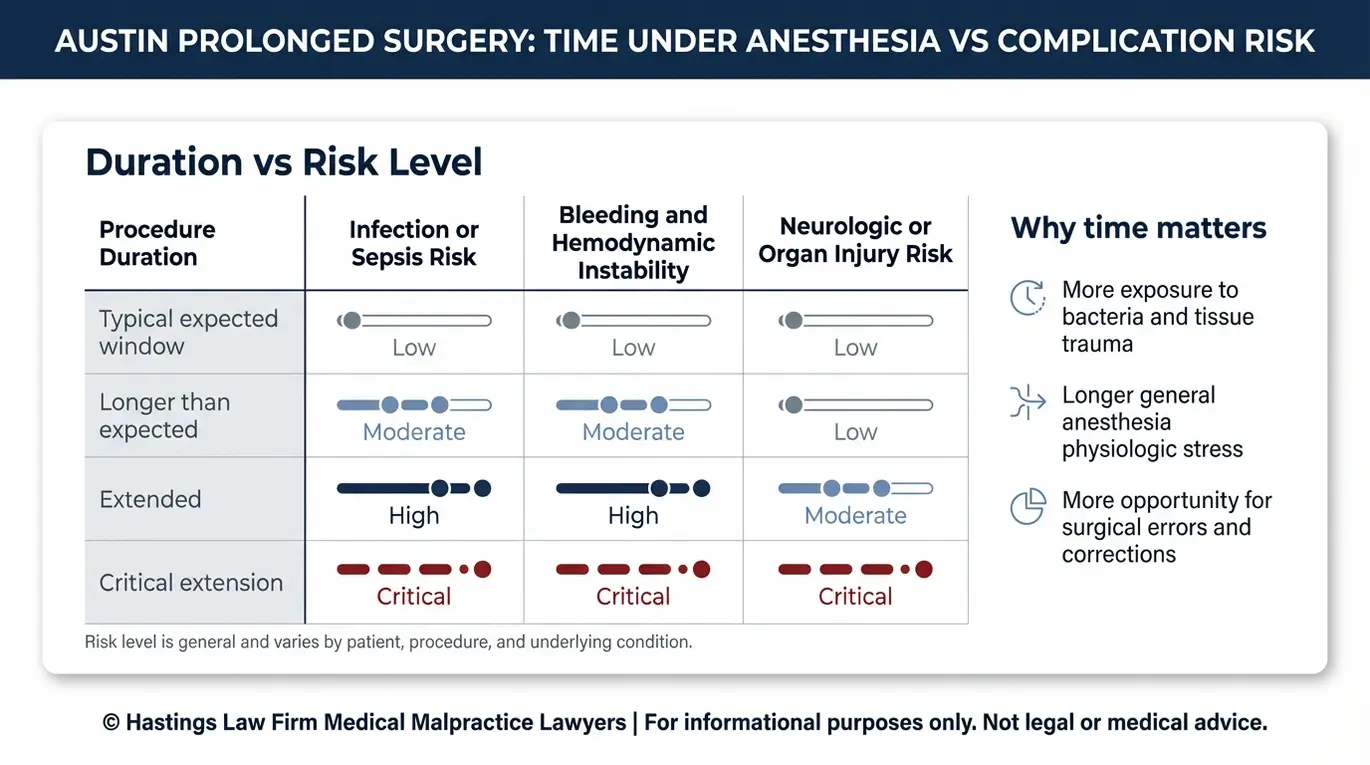 Tabla comparativa que relaciona la duración prolongada de una cirugía con el aumento del riesgo de infección, sepsis, hemorragia y complicaciones neurológicas, para una demanda presentada ante un abogado especializado en cirugías retrasadas o prolongadas en Austin.