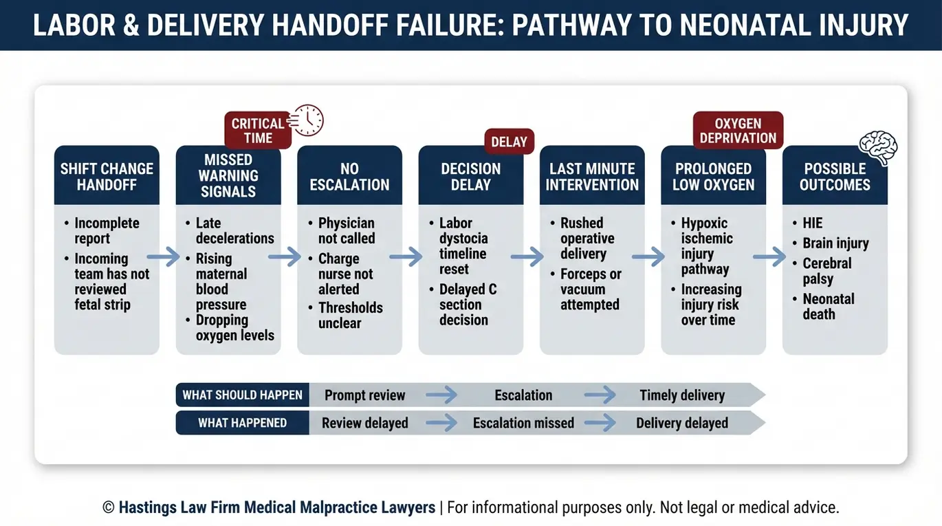 Process flowchart illustrating how a shift change communication breakdown can cause delayed C section decisions and hypoxic ischemic brain injury in cases handled by a Texas Labor and Delivery Handoff Failure Lawyer.