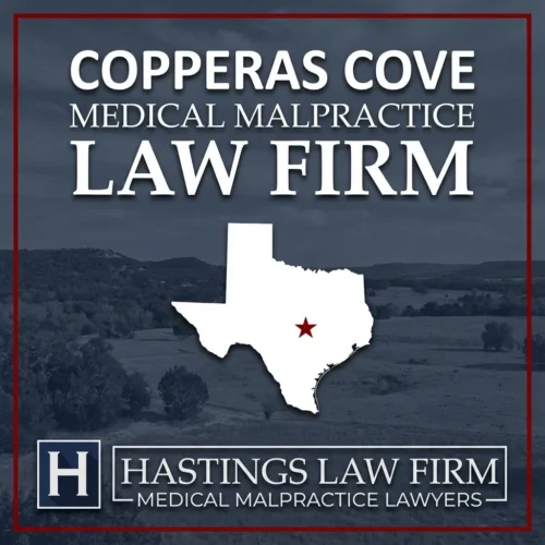 Los mejores abogados especializados en negligencia médica en Copperas Cove Texas Una imagen panorámica de Copperas Cove Texas. Una estrella roja señala el lugar donde los abogados locales especializados en negligencia médica han ayudado a pacientes lesionados. El logotipo Hastings Law Firm aparece en la parte inferior.