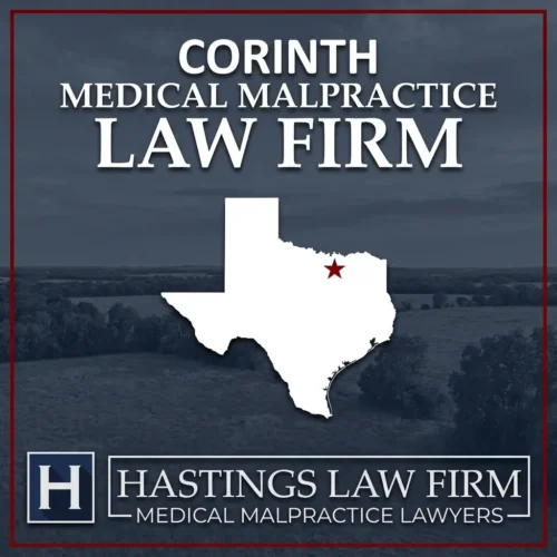 Los mejores Abogados de Negligencia Médica en Corinto Texas Una escena del paisaje de Corinth Texas. Una estrella roja señala el lugar donde los abogados locales especializados en negligencias médicas han ayudado a pacientes lesionados. El logotipo de The Hastings Law Firm aparece en la parte inferior.