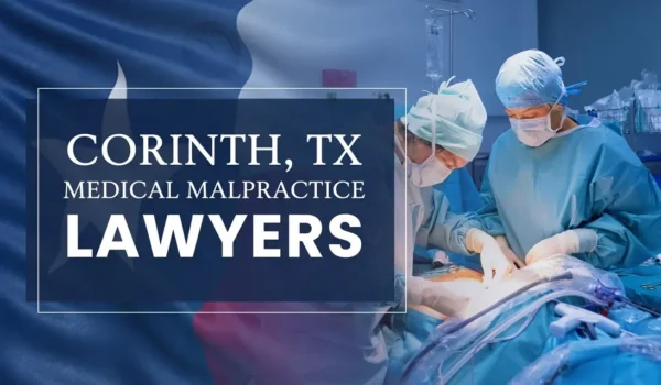 La bandera del Estado de Texas se mezcla con un entorno sanitario de Corinto en el que se ha producido una negligencia médica, lo que representa la necesidad de que los abogados especializados en negligencias médicas ayuden a los pacientes perjudicados por los profesionales médicos y los centros sanitarios.