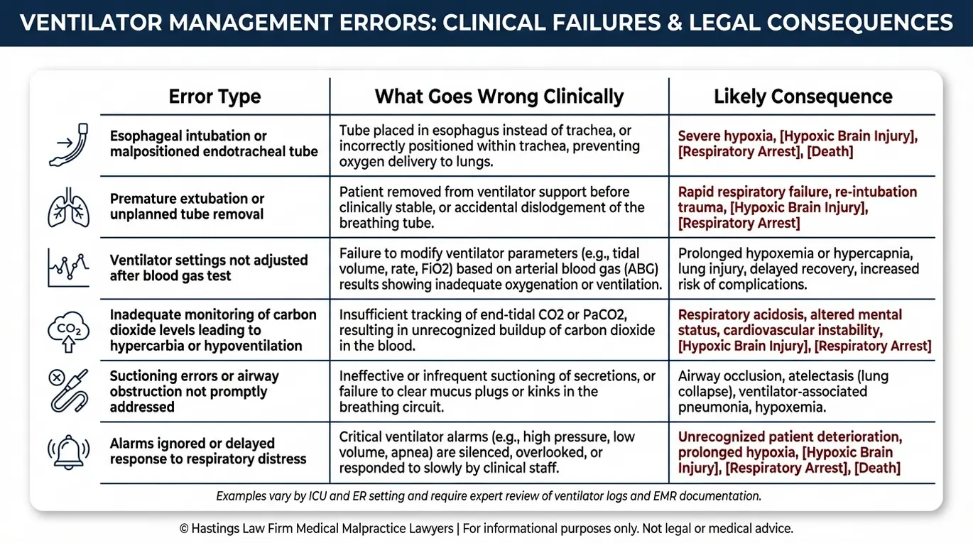 Comparison chart for a Texas Respiratory Therapist Malpractice Lawyer showing ventilator and artificial airway errors linked to clinical breakdowns and outcomes such as respiratory arrest and hypoxic brain injury.