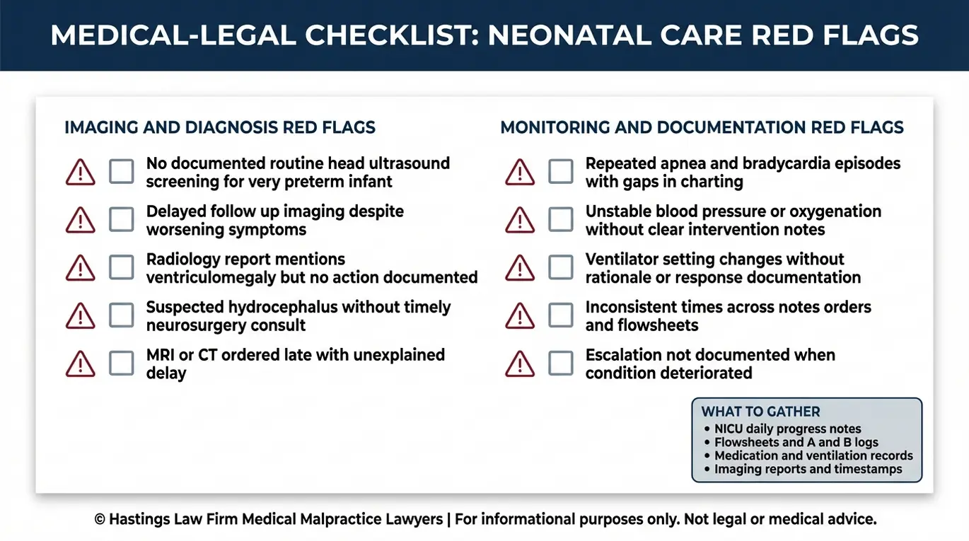 Warning checklist of NICU red flags for delayed diagnosis and monitoring failures related to intraventricular hemorrhage for parents consulting a Texas Intraventricular Hemorrhage Malpractice Lawyer.