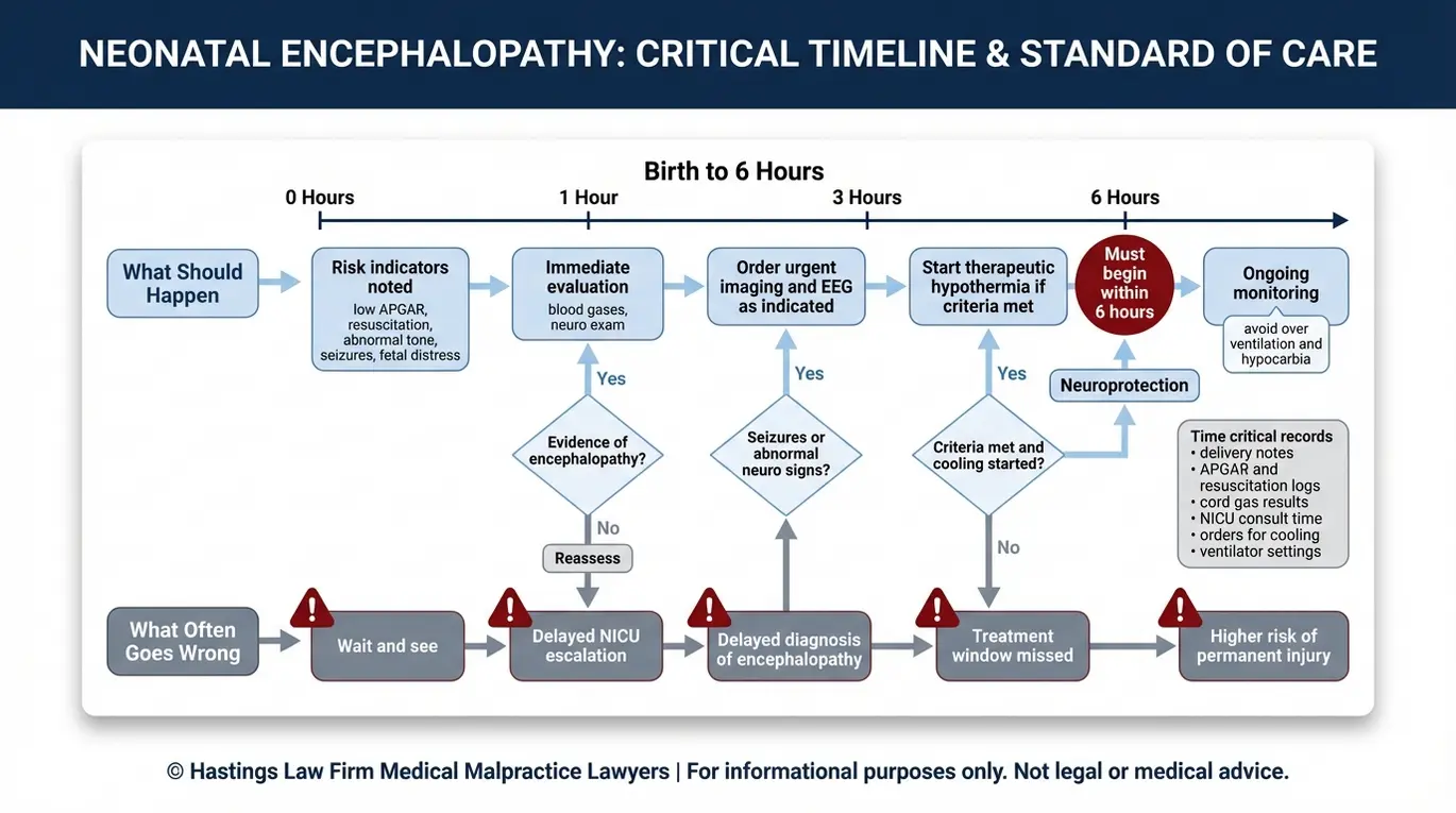 Process flowchart timeline showing the six hour treatment window after suspected HIE and how delays can lead to missed neuroprotection often reviewed by a Texas Infant Brain Anomaly Misdiagnosis Lawyer.