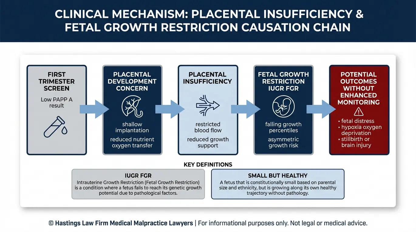Diagrama clínico que explica cómo un resultado bajo en la prueba de PAPP-A puede indicar insuficiencia placentaria que provoque un retraso en el crecimiento intrauterino (RCIU) y consecuencias graves, resumido para un tema relacionado con un abogado especializado en negligencia médica por RCIU y niveles bajos de PAPP-A en Arizona.
