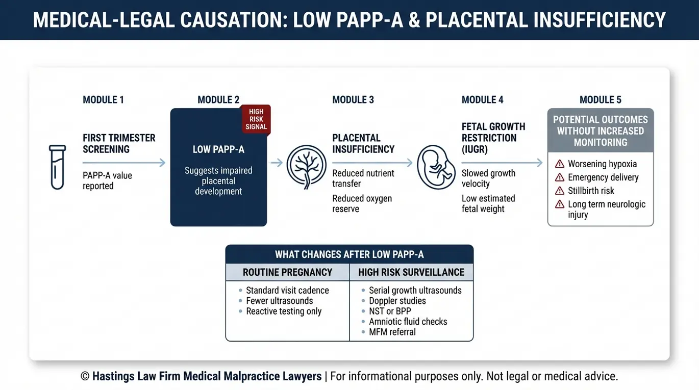 Clinical diagram explaining how a low PAPP A result can indicate placental insufficiency leading to IUGR and outcomes commonly evaluated by a Texas Low PAPP-A IUGR Negligence Lawyer.