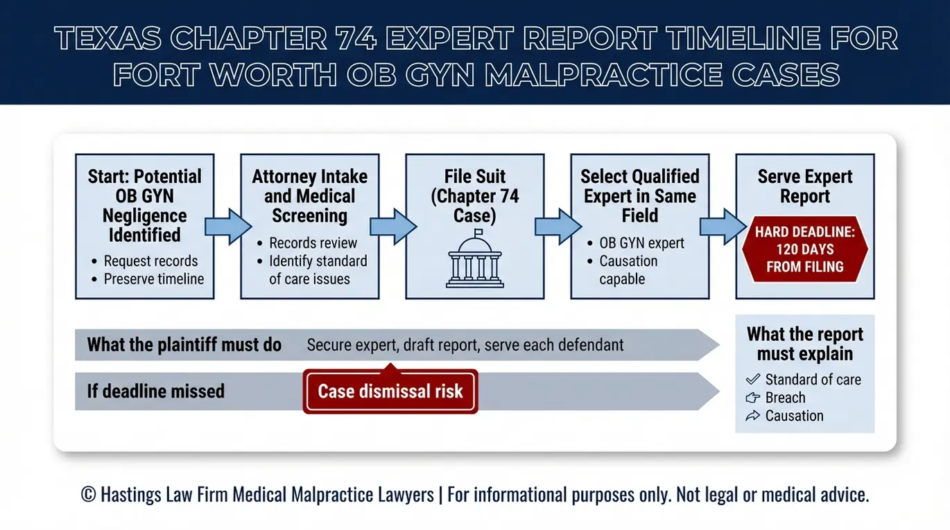 Process flowchart showing Texas Chapter 74 expert report steps and the 120 day deadline for a Fort Worth OB GYN Malpractice Lawyer claim including standard of care breach and causation requirements.
