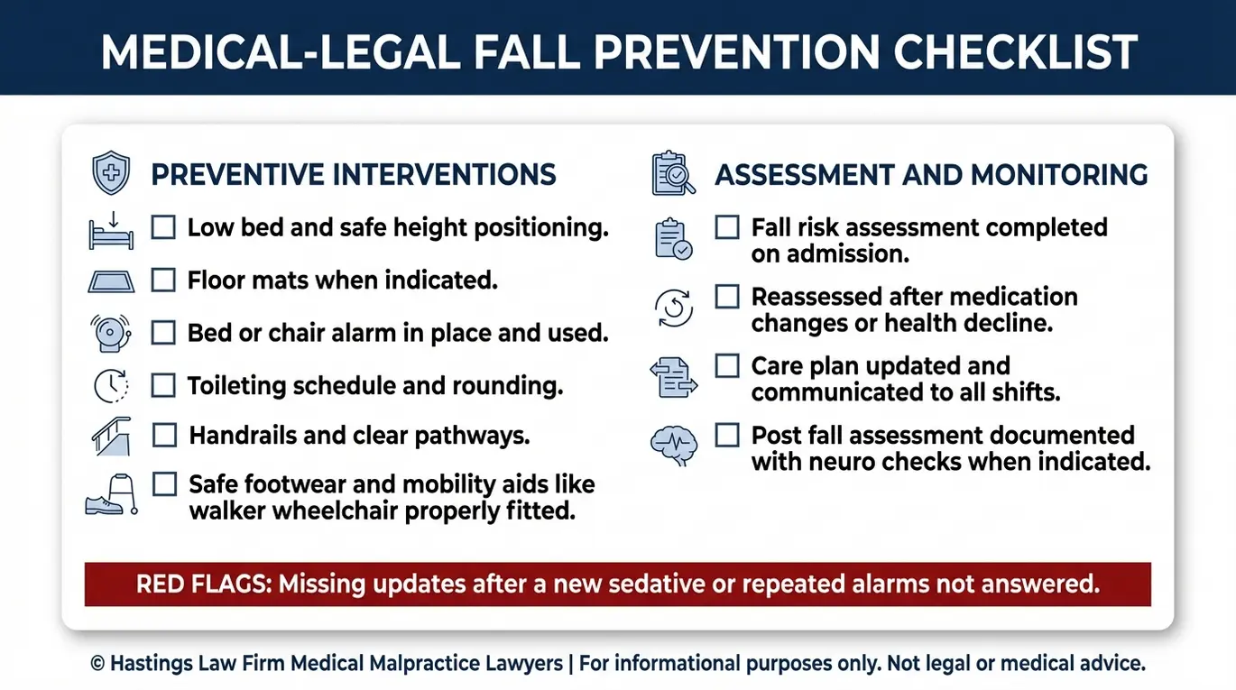 Warning checklist for families outlining fall risk assessment and care plan interventions a Texas Nursing Home Fall Lawyer looks for such as bed alarms safe transfers and updated reassessments.