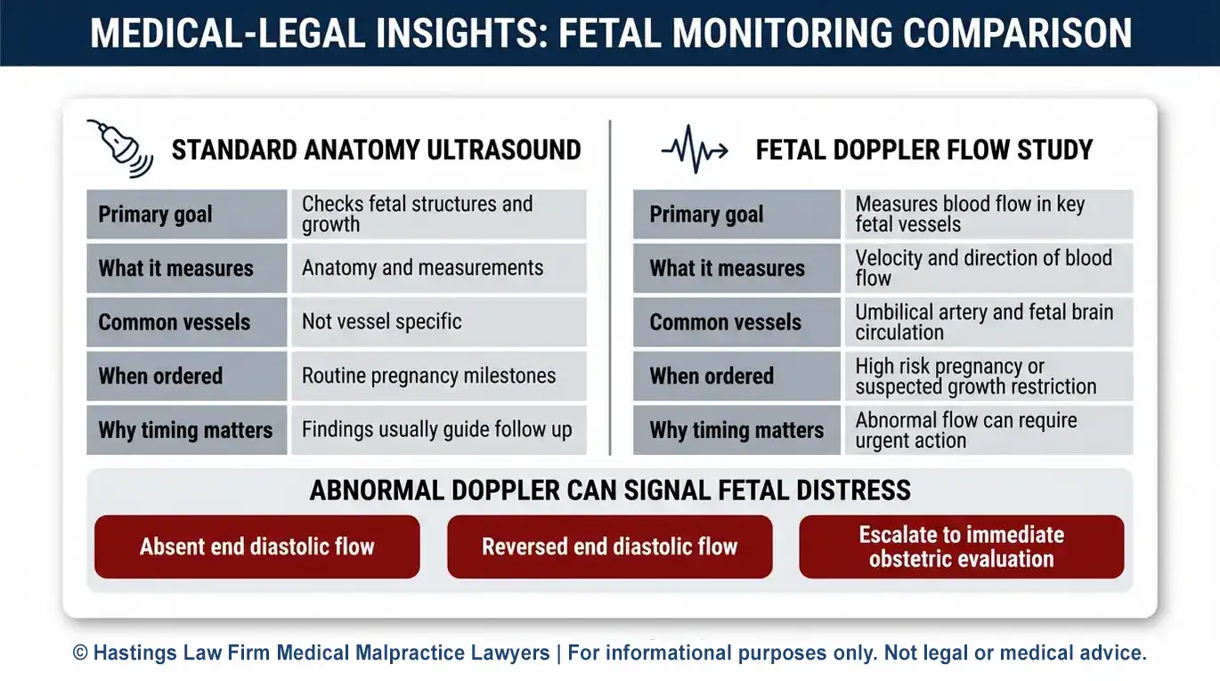 Tabla comparativa que explica en qué se diferencia un estudio Doppler fetal de una ecografía estándar y por qué los resultados anormales requieren una respuesta urgente para que un abogado especializado en negligencia médica por ecografías Doppler anormales en Arizona revise el caso.