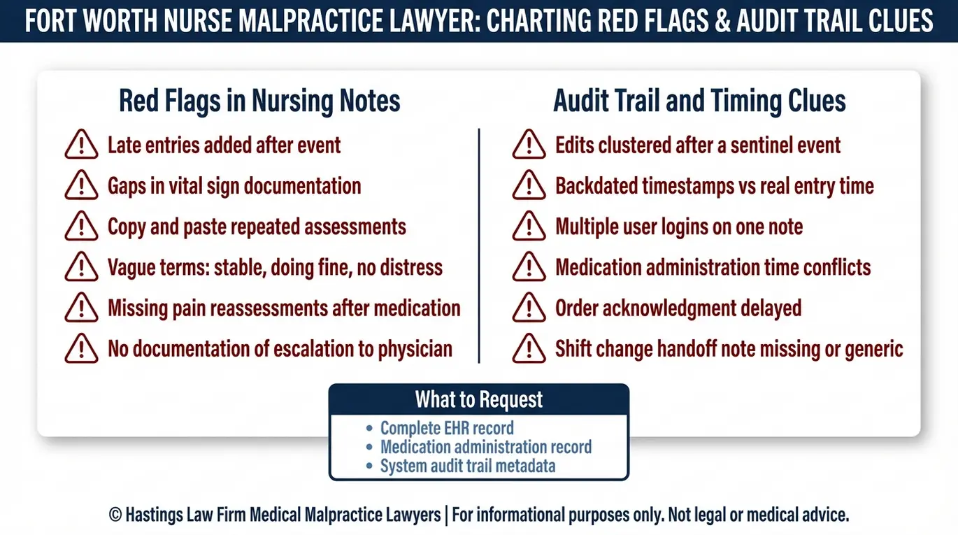 Warning checklist of medical record red flags and audit trail clues a Fort Worth nurse malpractice lawyer reviews to detect charting gaps late entries and documentation inconsistencies.