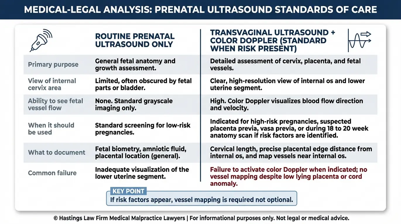 Comparison chart explaining how an Arizona Vasa Previa Diagnosis Failure Lawyer evaluates routine prenatal ultrasound versus transvaginal ultrasound with color Doppler including the 18 to 20 week anatomy scan benchmark and required vessel mapping documentation.