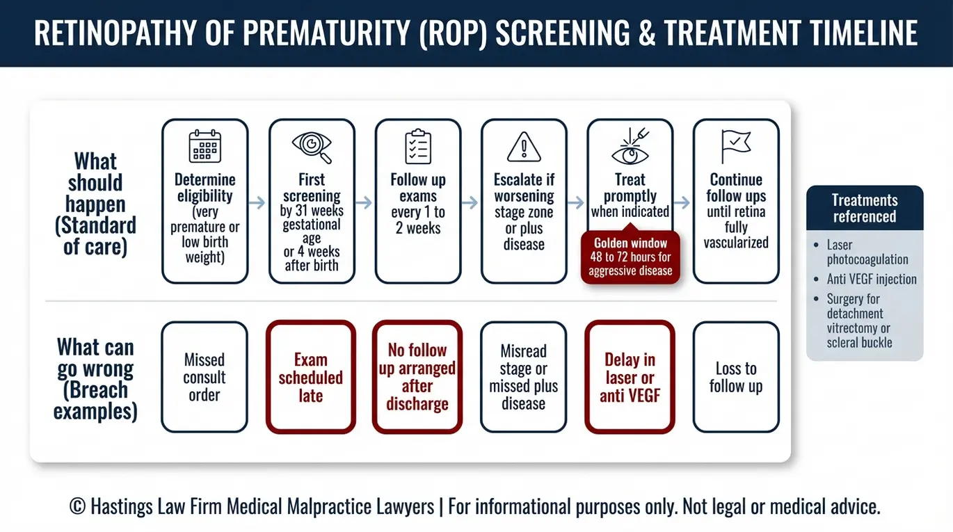 Flowchart timeline of ROP screening schedule and timely treatment standards contrasted with breach examples for parents evaluating a Texas Retinopathy of Prematurity Lawyer.