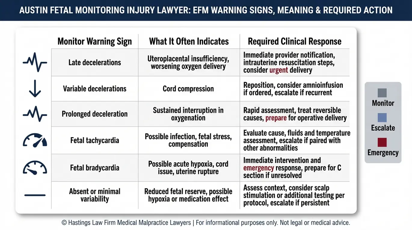 Tabla comparativa de los signos de alerta en las tramas de monitorización fetal, lo que indican y las medidas que se deben tomar, utilizada por un abogado especializado en lesiones por monitorización fetal de Austin para evaluar casos de monitorización fetal negligente.