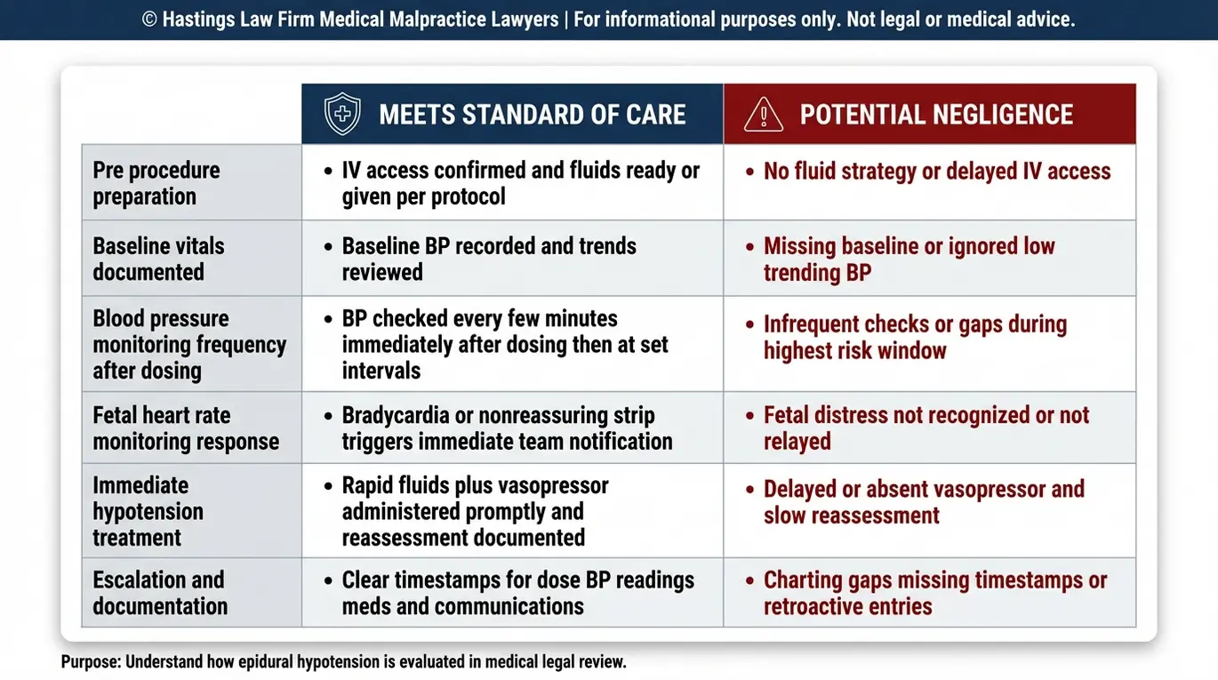 Tabla comparativa en la que se explica la evaluación realizada por un abogado especializado en casos de hipotensión materna y errores en la administración de la epidural en Arizona, en la que se compara el estándar de atención en la monitorización de la epidural con posibles casos de negligencia, incluyendo los controles de presión arterial previos, la respuesta de la frecuencia cardíaca fetal, la intensificación del tratamiento y la documentación.